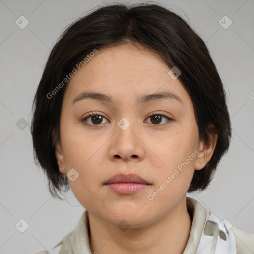 Neutral asian young-adult female with medium  brown hair and brown eyes