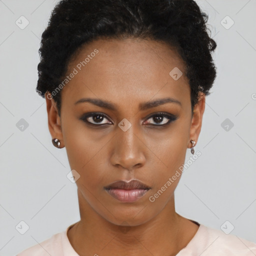 Neutral black young-adult female with short  black hair and brown eyes