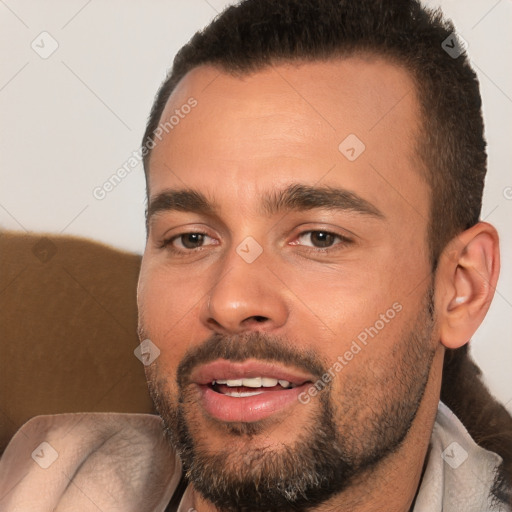 Joyful white young-adult male with short  brown hair and brown eyes