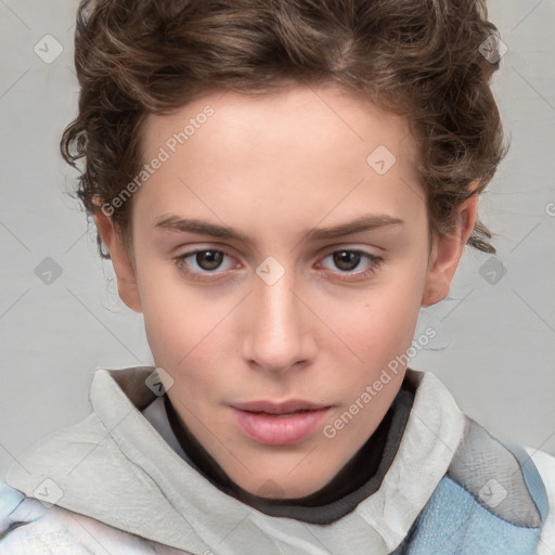 Neutral white young-adult female with short  brown hair and brown eyes