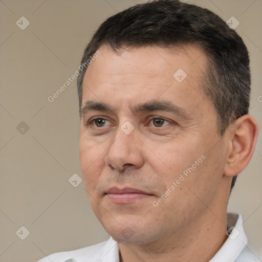 Neutral white adult male with short  brown hair and brown eyes