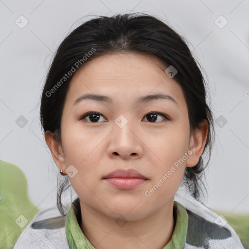 Neutral asian young-adult female with medium  brown hair and brown eyes
