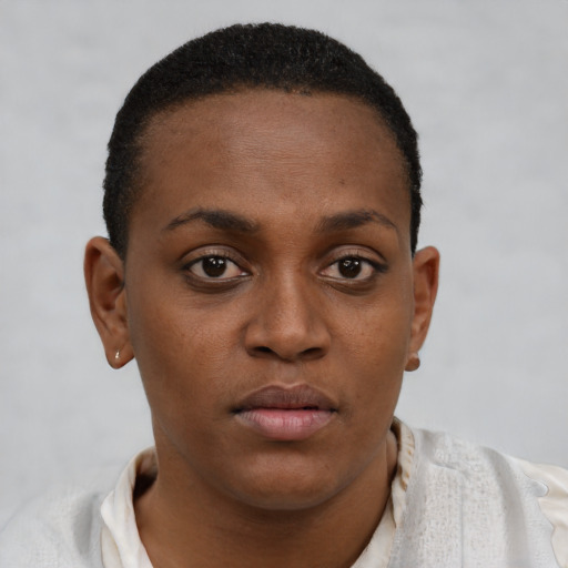 Neutral black young-adult female with short  brown hair and brown eyes