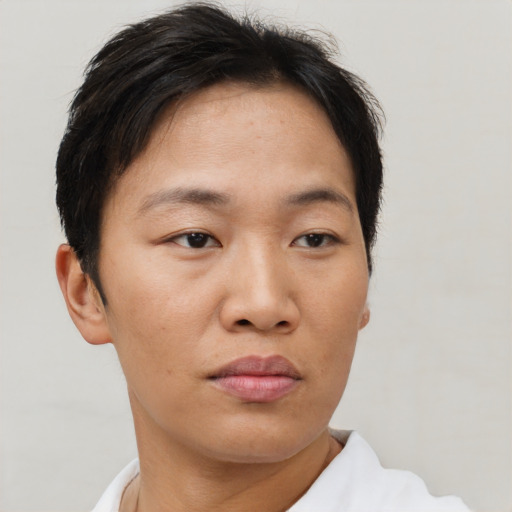 Neutral asian adult female with short  brown hair and brown eyes