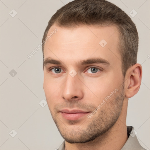 Neutral white young-adult male with short  brown hair and brown eyes