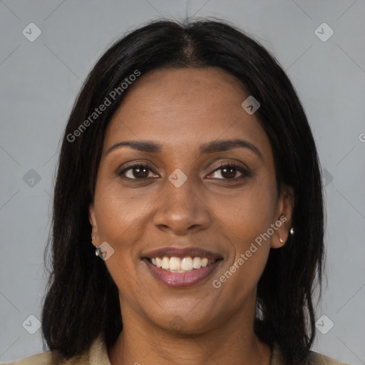 Joyful black young-adult female with medium  brown hair and brown eyes