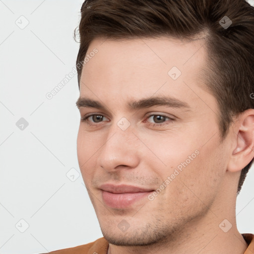 Neutral white young-adult male with short  brown hair and brown eyes