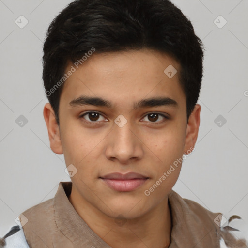 Joyful latino young-adult male with short  brown hair and brown eyes