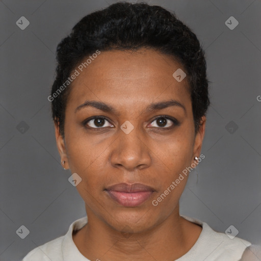 Neutral black young-adult female with short  black hair and brown eyes