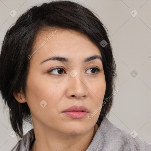 Neutral white young-adult female with medium  brown hair and brown eyes