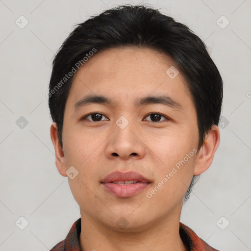 Neutral asian young-adult male with short  black hair and brown eyes