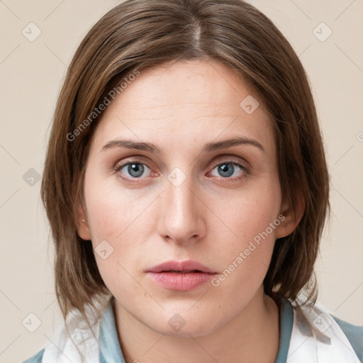 Neutral white young-adult female with medium  brown hair and blue eyes