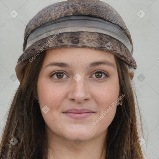 Joyful white young-adult female with long  brown hair and grey eyes