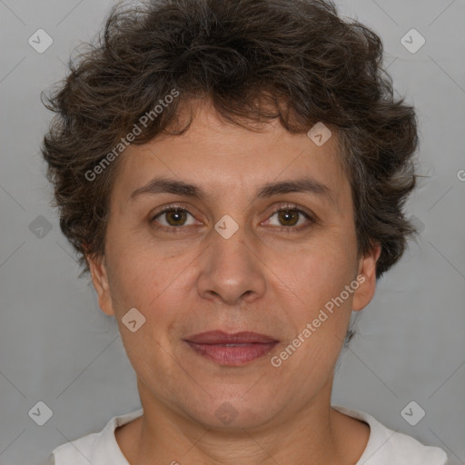 Joyful white adult female with short  brown hair and brown eyes