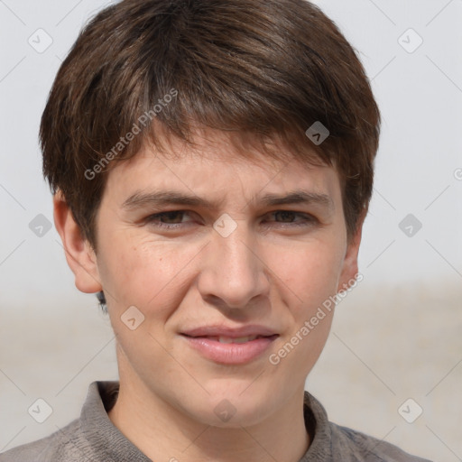 Joyful white adult male with short  brown hair and grey eyes