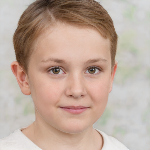 Joyful white child female with short  brown hair and brown eyes