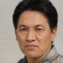 Joyful asian adult male with short  brown hair and brown eyes