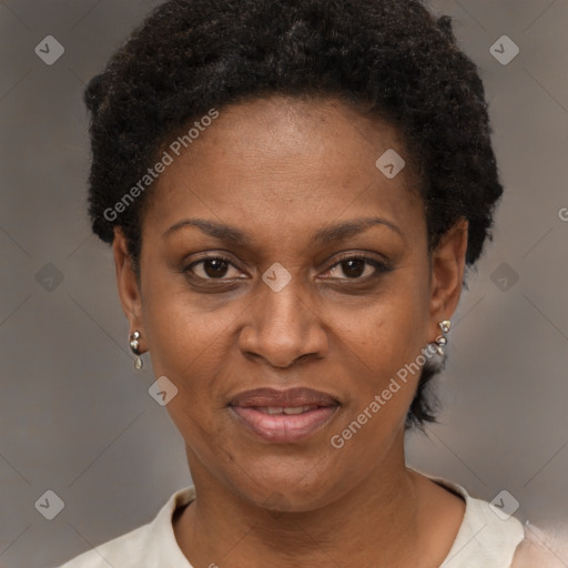 Joyful black adult female with short  brown hair and brown eyes