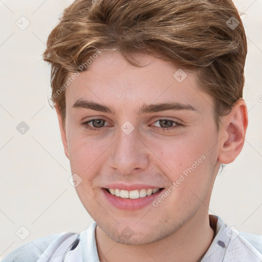 Joyful white young-adult male with short  brown hair and blue eyes