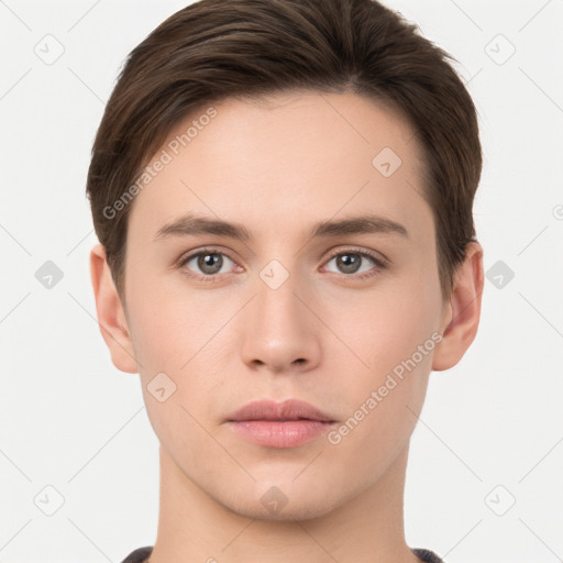 Neutral white young-adult male with short  brown hair and brown eyes