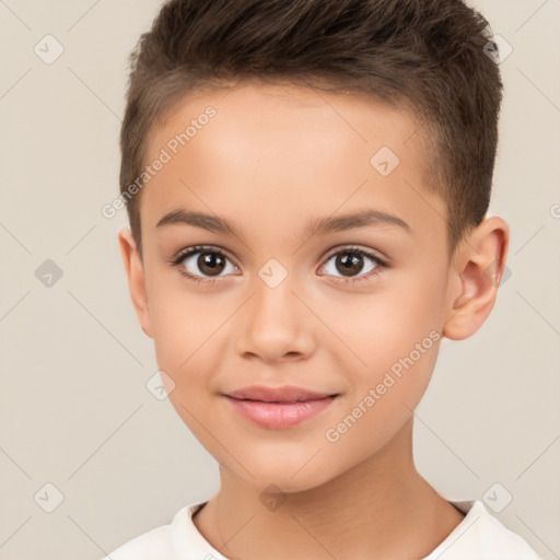 Joyful white child male with short  brown hair and brown eyes