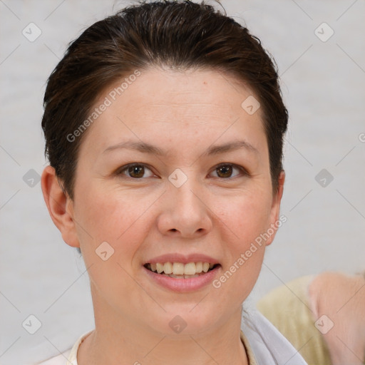 Joyful white young-adult female with short  brown hair and brown eyes