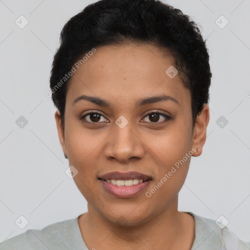 Joyful latino young-adult female with short  black hair and brown eyes