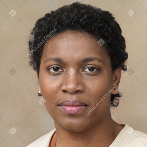 Neutral black young-adult female with short  black hair and brown eyes