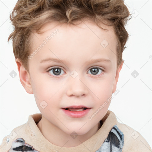 Joyful white child female with short  brown hair and grey eyes