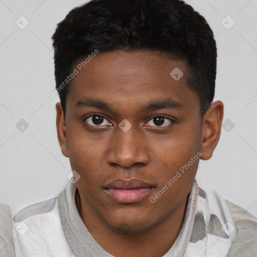 Joyful latino young-adult male with short  brown hair and brown eyes