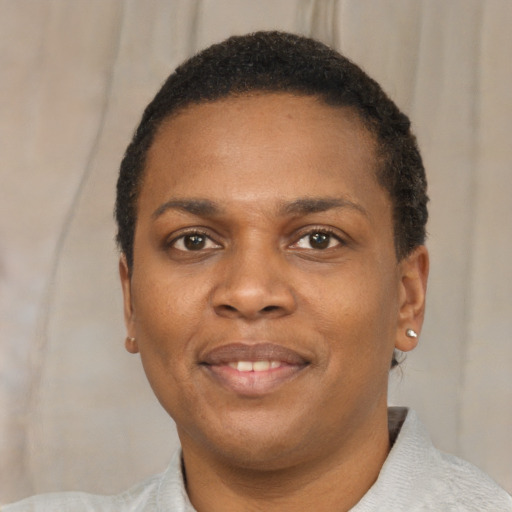 Joyful black young-adult female with short  brown hair and brown eyes