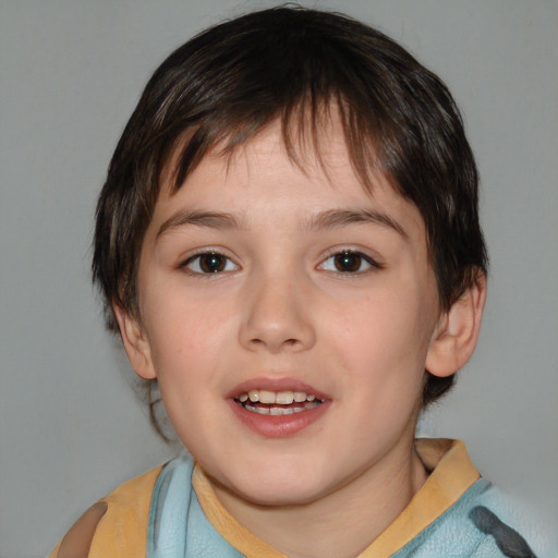 Joyful white child female with medium  brown hair and brown eyes