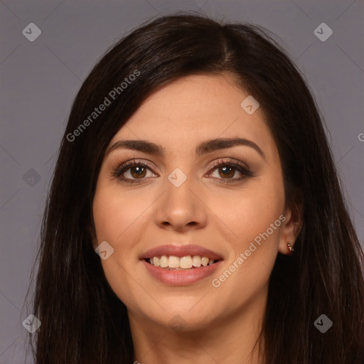 Joyful white young-adult female with long  brown hair and brown eyes