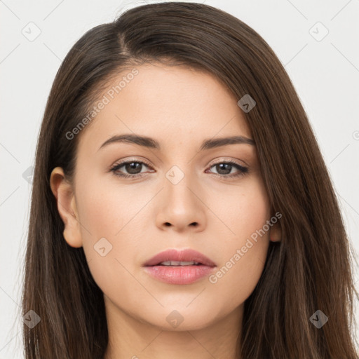 Neutral white young-adult female with long  brown hair and brown eyes