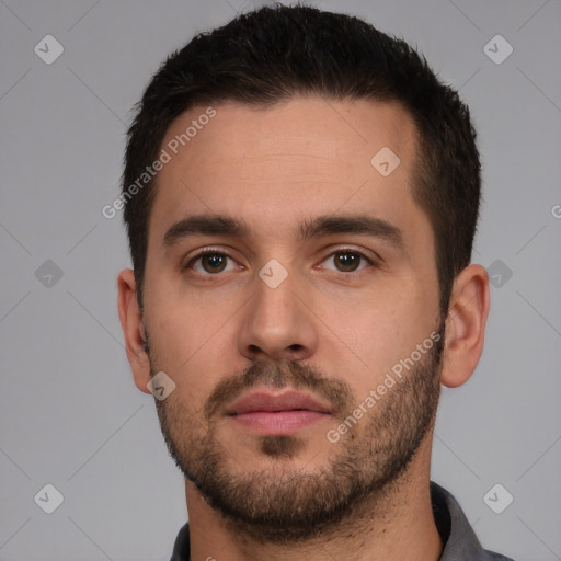 Neutral white young-adult male with short  brown hair and brown eyes