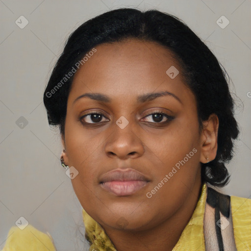 Neutral black young-adult female with medium  black hair and brown eyes