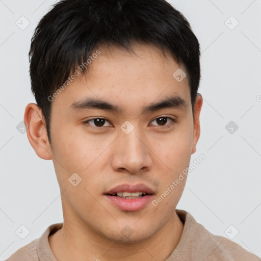 Neutral asian young-adult male with short  brown hair and brown eyes