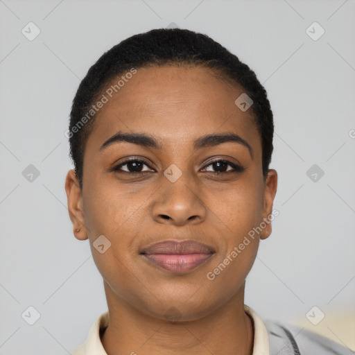 Joyful black young-adult female with short  black hair and brown eyes