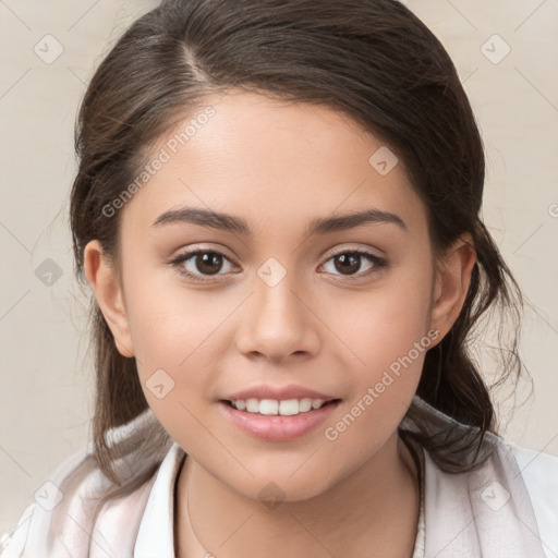 Joyful white child female with medium  brown hair and brown eyes