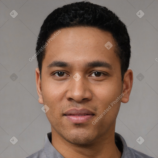 Neutral latino young-adult male with short  black hair and brown eyes