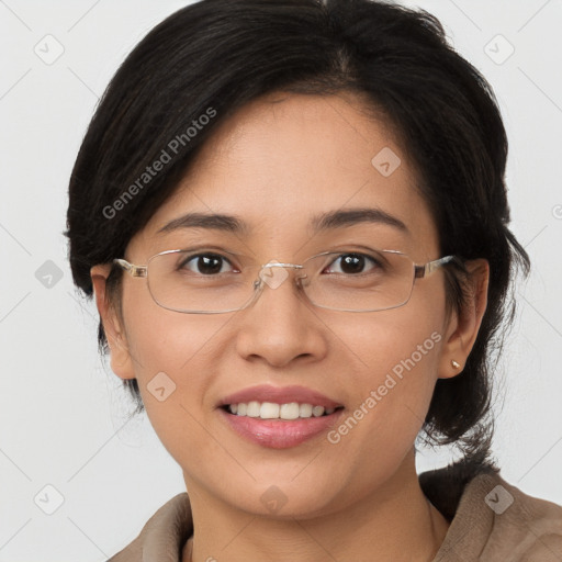 Joyful white young-adult female with medium  brown hair and brown eyes