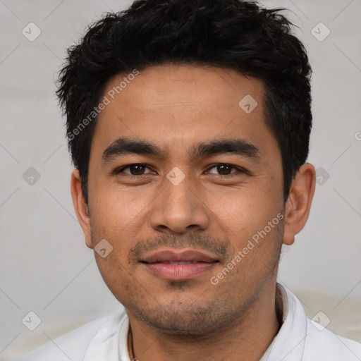 Neutral asian young-adult male with short  black hair and brown eyes