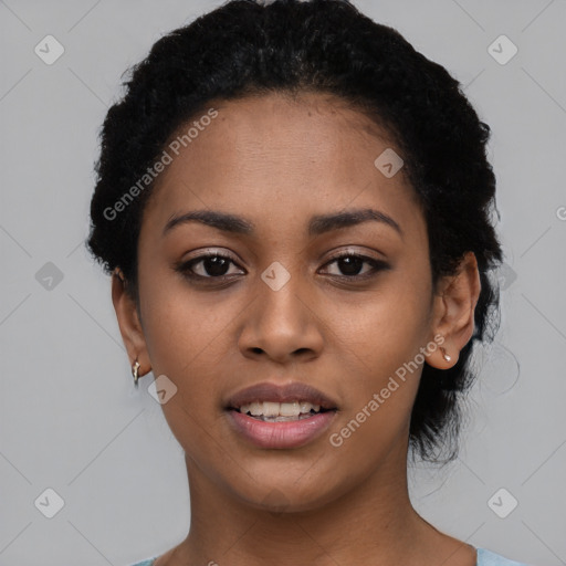 Joyful latino young-adult female with short  black hair and brown eyes