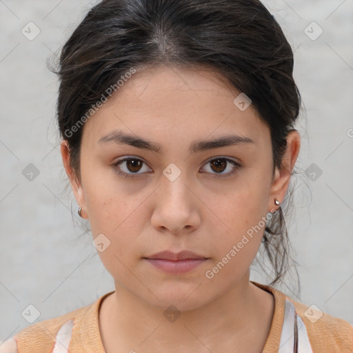 Neutral white young-adult female with medium  brown hair and brown eyes