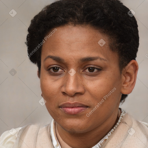 Joyful black adult female with short  brown hair and brown eyes