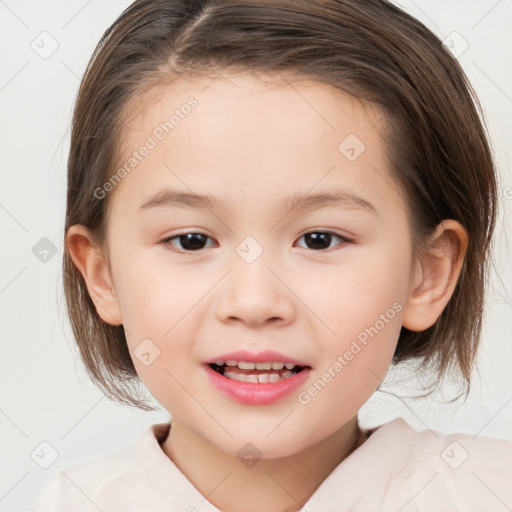 Joyful white child female with medium  brown hair and brown eyes