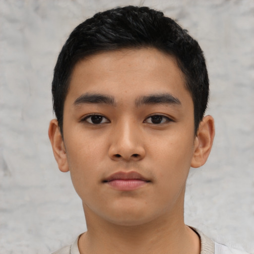 Neutral asian young-adult male with short  black hair and brown eyes