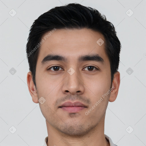 Neutral latino young-adult male with short  black hair and brown eyes