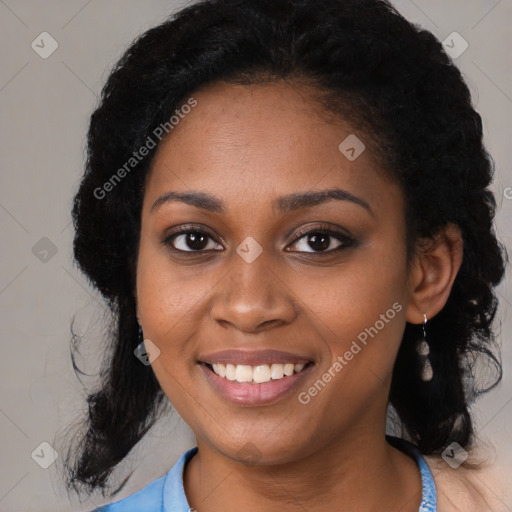 Joyful black young-adult female with medium  black hair and brown eyes