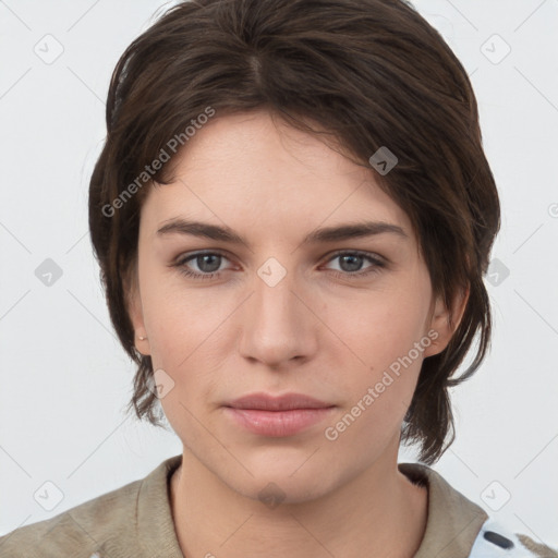 Neutral white young-adult female with medium  brown hair and brown eyes